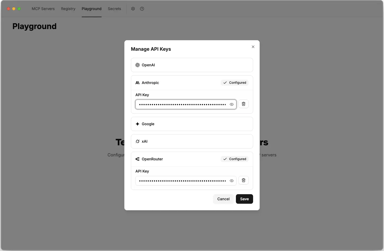 ToolHive Playground API keys configuration