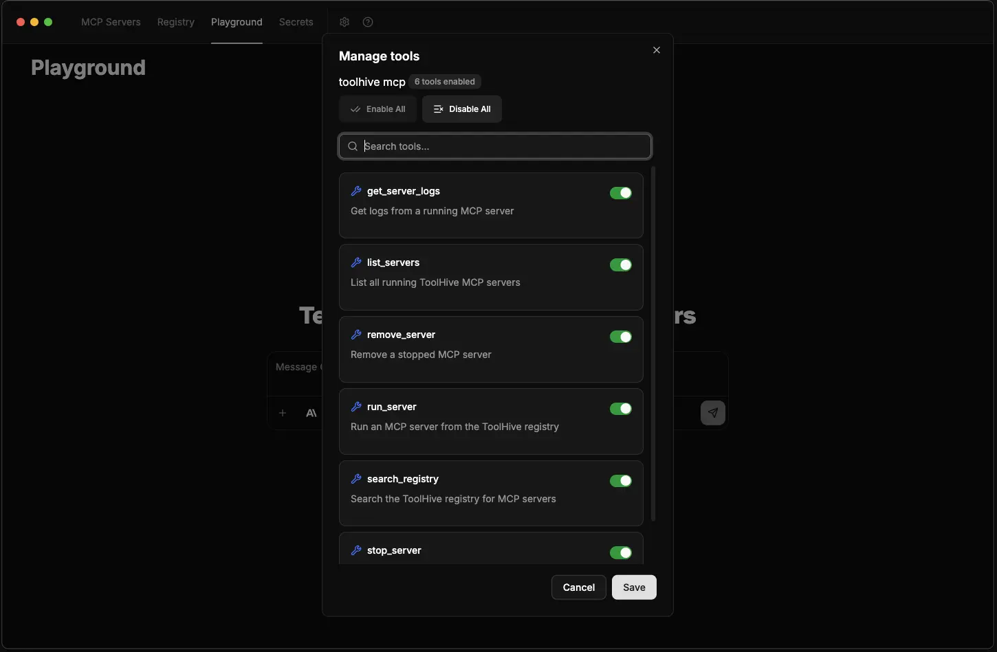 ToolHive Playground tools management showing available MCP tools