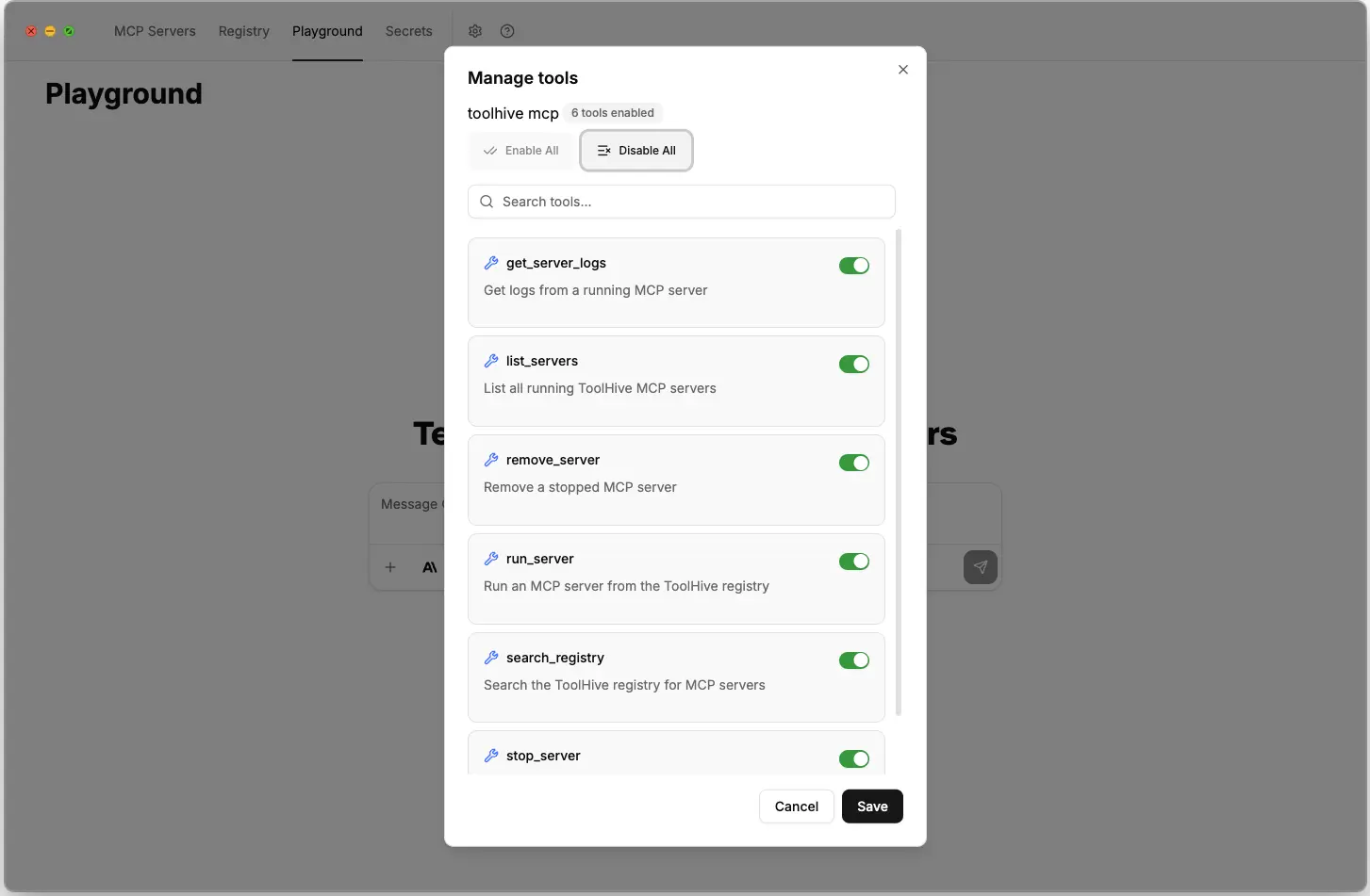 ToolHive Playground tools management showing available MCP tools